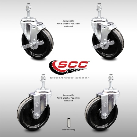 Service Caster 5 Inch SS Phenolic Wheel Swivel 10mm Threaded Stem Caster Brakes SCC, 2PK SCC-SSTS20S514-PHS-M1015-2-TLB-2